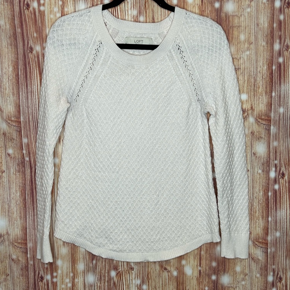 Loft Cable Knit Sweater Size Small Cream Beautiful Pattern like New Crew Neck